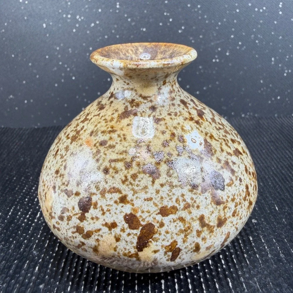 Joan Signed Studio Pottery Bud Vase Speckled Brown Tan Stoneware 3 Inch Small